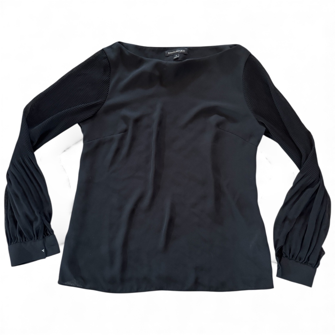 Banana Republic Black Boat Neck Pleated Sleeve Blouse Top Womens Size S
